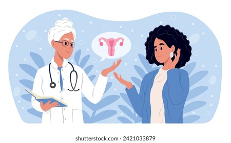 Endometriosis Awareness Mont. The doctor explains the results of the gynecological examination. Women's diseases and prevention of women's health