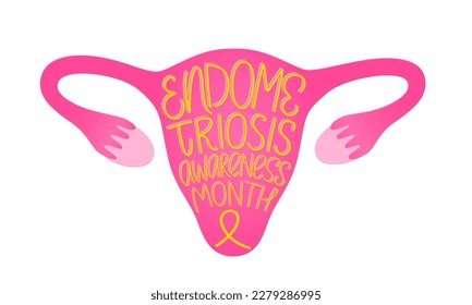 Endometriosis awareness month banner. Uterus with handwritten text with yellow ribbon vector illustration. Female gynecology disease. Support endo warriors women. Design for poster, sticker.