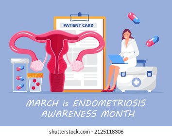 Endometriosis Awareness Month Concept Vector. Health Care Event Is Celebrated In March. Gynecologist Doctor Examine Uterus, Womb With Magnifier To Treat Endometriosis. 