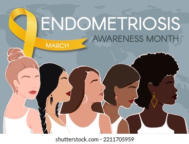 Endometriosis awareness month horizontal poster. Yellow ribbon, space for text and diverse women. Vector flat illustration.