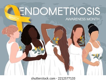 Endometriosis awareness month horizontal poster. Yellow ribbon, space for text and diverse women. Vector flat illustration.