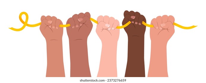 Endometriosis Awareness Month horizontal poster. Diverse female hands hold a yellow ribbon. You are not alone. Modern vector illustration.