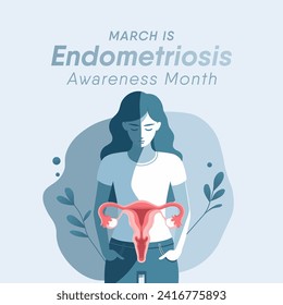 Endometriosis awareness month is observed every year in March, is a painful condition where endometrial tissue grows outside the uterus. Vector illustration