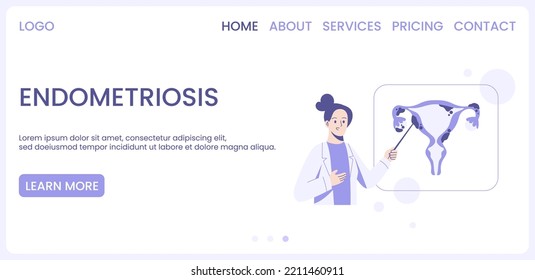 Banner web o página de aterrizaje para el concepto de endometriosis. El médico trabaja en la investigación de un sistema reproductivo femenino. El ginecólogo comprueba el útero. Ilustración plana vectorial aislada en fondo blanco.