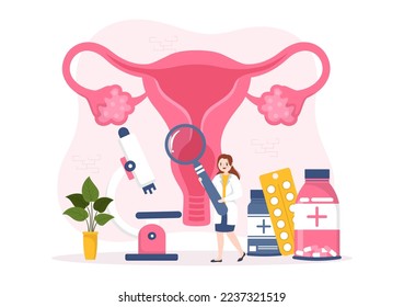 Endometriosis con condición que el endometrio crece fuera de la pared uterina en mujeres para tratamiento con mano de caricatura plana Dibujo de plantillas Ilustración