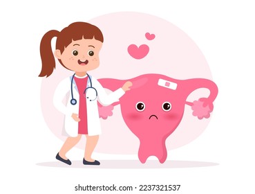 Endometriosis con estado de salud: el endometrio crece fuera de la pared uterina en mujeres con niños planos y cortos dibujando plantillas Ilustración