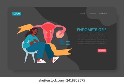 Endometriosis dark or night mode web, landing. Woman with endometriosis experiences pain. Uterus and ovaries gynecology disease. Women's health issue. Flat vector illustration