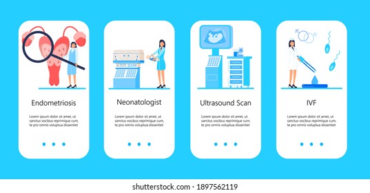 Endometriosis, Endometrium Dysfunctionality App Templates. Perinatal Center Concept Vector For Landing Page. Doctor Are Doing Ultrasound Fetus Screening Checkup In Clinic Office. 