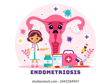 Ilustración vectorial de la endometriosis con la condición que el endometrio crece fuera de la pared uterina en las mujeres para el tratamiento en el fondo de dibujos animados de los niños lindos planos