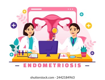 Ilustración vectorial de la endometriosis con la condición del endometrio crece fuera de la pared uterina en las mujeres para el tratamiento en fondo plano de la historieta