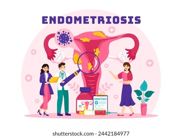 Ilustración vectorial de la endometriosis con la condición del endometrio crece fuera de la pared uterina en las mujeres para el tratamiento en fondo plano de la historieta