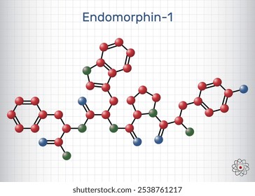 Endomorphin-1 (EM-1) molecule. Endogenous  opioid peptide for pain modulation. Molecule model. Sheet of paper in a cage. Vector illustration