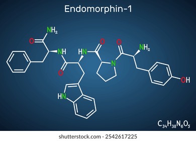 Endomorphin-1 (EM-1) molecule. Endogenous  opioid peptide for pain modulation. Structural chemical formula on the dark blue background. Vector illustration