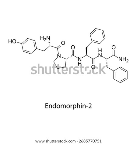 Endomorphin-2 molecular structure, endogenous tetrapeptide potent ?-opioid receptor agonist analgesic neuropeptide, clean scientific vector diagram, flat skeletal chemical formula isolated 