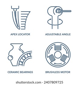 Endomotor dental equipment properties and benefits - Ceramic Bearings, Brushless Motor, Apex Locator, Adjustable Angle. Icons set for labeling in bold line