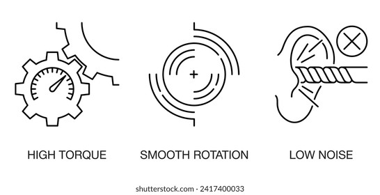 Endomotor dental equipment properties and benefits - High Torque, Smooth Rotation, Low Noise. Icons set for labeling in thin line