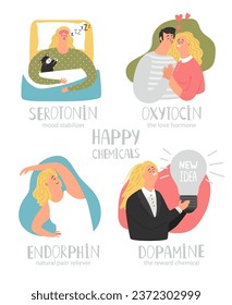 Endorphin, dopamine, oxytocin, serotonin. Hormones colorful vector illustrations. Mood stabilizer, love hormone, reward chemical, pain reliever. Hormone health icon of hormone health illustration