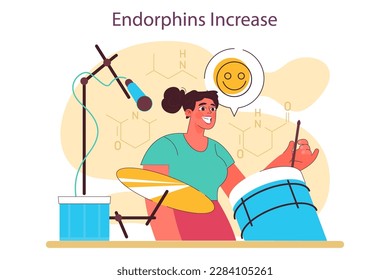 Endorphin increase as a positive effect of playing drums. Female character' creative hobby. Drummer practising or performing music, playing musical instrument. Flat vector illustration