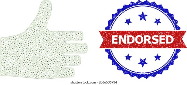 Endorsed unclean seal imitation, and thumb up icon net structure. Red and blue bicolored stamp contains Endorsed title inside ribbon and rosette. Abstract flat mesh thumb up, designed with flat mesh.