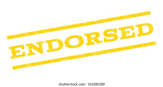 Endorsed watermark stamp. Text tag between parallel lines with grunge design style. Rubber seal stamp with scratched texture. Vector yellow color ink imprint on a white background.
