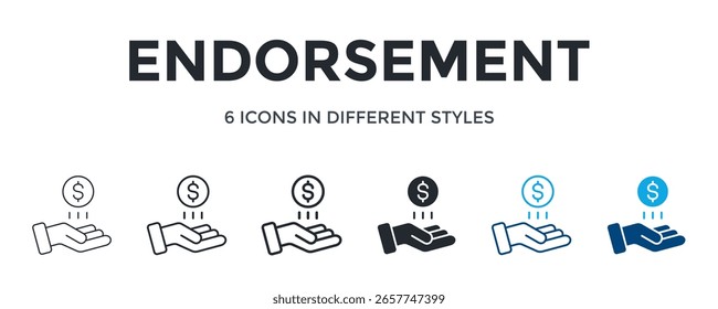 Endorsement-Symbol in einer anderen Vektorgrafik. Für das Web können eine dünne Linie, eine regelmäßige Linie, eine fette Linie, eine Glyphe, eine Gliederungsfarbe und ein Glyphenfarbstil verwendet werden