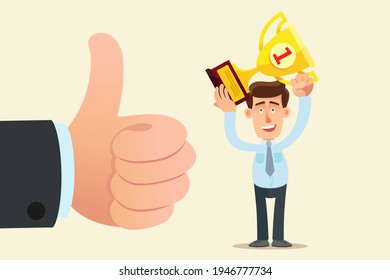 Endorsement from your accomplishments. Endorse and support your achievements. Man hold big gold cup, male hand show gesture OK. Vector illustration, flat design, cartoon style, isolated background.