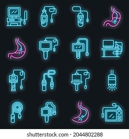 Endoscope icons set. Outline set of endoscope vector icons neon color on black