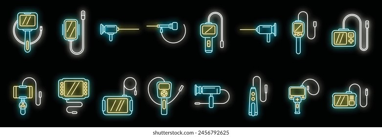Endoscope icons set outline vector. Digestive gastric. Gastro examination neon color on black