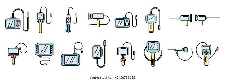 Endoscope icons set outline vector. Digestive gastric. Gastro examination thin line color flat on white