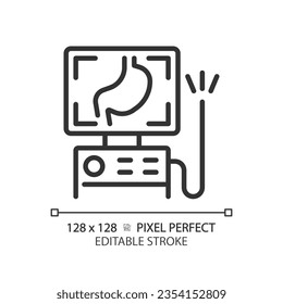 Endoscope pixel perfect linear icon. Medical tool. Flexible tube. Health diagnosis. Gastrointestinal system. Thin line illustration. Contour symbol. Vector outline drawing. Editable stroke