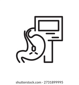 Endoscope testing icon. Internal medical imaging and gastric diagnostics, representing gastroscope procedures, minimally invasive screening, clinical visualization tools, and organ health monitoring.