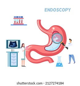 Endoscopy concept, a lady doctor explaining about gastric, a doctor holding magnifying glass zoom at human stomach, use endoscope to examine interior of a hollow organ or cavity of body