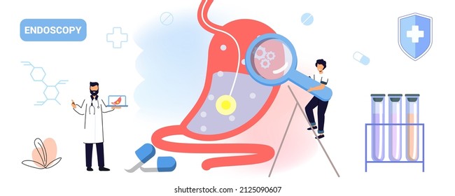 Endoscopy healthcare technology concept vector illustration Gastroenterology stomach and digestive system Medical internal organs disease health care Tract system examination Ultrasound xray diagnosis