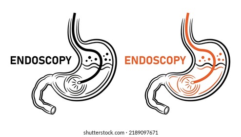 Endoscopy stomach, endoscope, gastroscopy gastrointestinal medical diagnostic line icon. Gastroenterology equipment. Gastritis, gastric, duodenum ulcer. Digestive intestinal tract examination. Vector