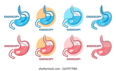 Endoscopy stomach, gastroscopy, gastrointestinal medical diagnostic icon set. Gastroenterology endoscope, digestive intestinal tract examination. Treatment gastritis, ulcer disease gastro organ vector