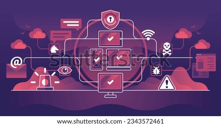 Endpoint security as connected devices protection from threat outline concept. Cyberspace safety from trojan virus, bugs and hacker attacks vector illustration. Safe privacy with strong antivirus app