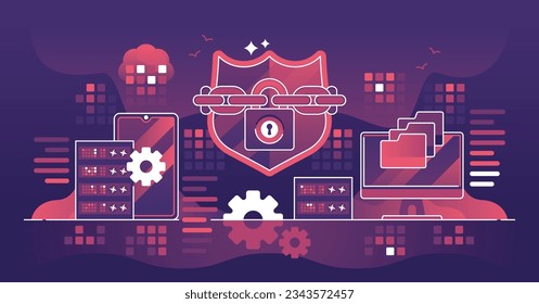 Endpoint security and user device protection from threats outline concept. Prevent client from cyberattacks and hacker attacks with strong firewall, safeguard shield and password vector illustration