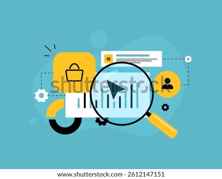 End-to-end analytics connects multichannel data to evaluate marketing campaign performance, boost ROI and drive smarter decisions. End-to-end marketing analysis vector illustration and icons