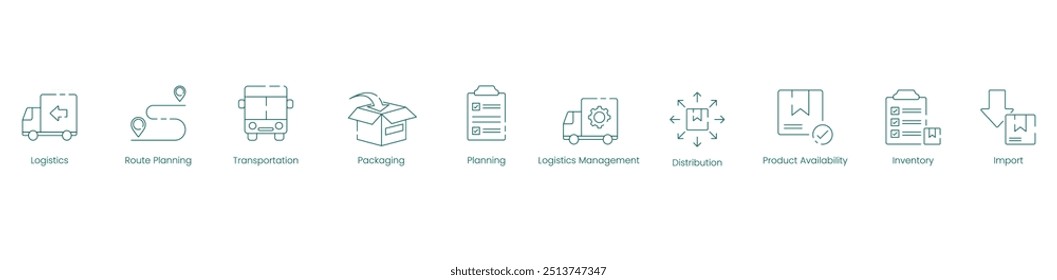  Conjunto de Ícones de Logística Fim a Fim e Vetor da Cadeia de Suprimentos para Gerenciamento de Transporte, Planejamento e Inventário