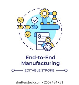 End-to-end manufacturing multi color concept icon. Production process from planning to delivery. Production line. Round shape line illustration. Abstract idea. Graphic design. Easy to use in article