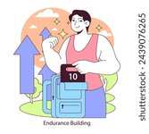Endurance training concept. A dedicated rucker adds weight to his backpack, showcasing progressive overload for building stamina in rucking activities. Flat vector illustration.