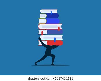Endure to learn more, businessman trying to carry a pile of books