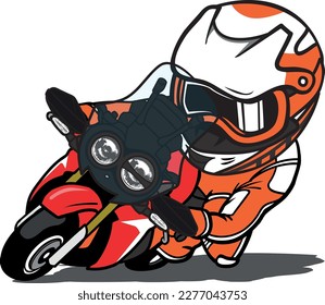 Enduro Bike Racer Riding Motorcross  Motorcycle lead in curve with speed Cartoon Mascot