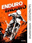 Enduro competition poster with rider going through mud trail, grunge background. Vector illustration