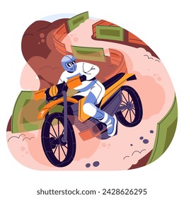 Enduro, motorcycle sport. Rider on off road race, motocross, motorsport competition. Rally racer in helmet rides on motorbike. Extreme activity. Flat isolated vector illustration on white background