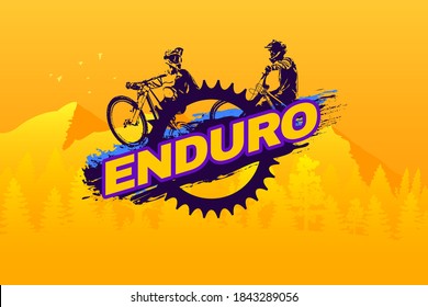 Plantilla de logotipo de ciclismo de montaña Enduro. Diseño tipográfico con motociclistas y silueta de encadenamiento de bicicletas. Concepto de camisa o logotipo, impresión, sello o tee. 