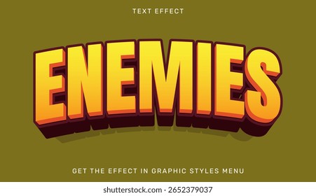 Enemies text effect with bold, dynamic font on green backdrop. Perfect for illustrating hostility, opposition, or competitive elements in visual and design projects