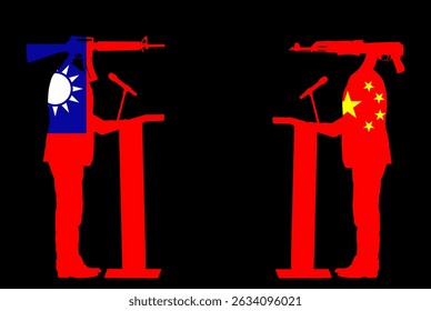 Negociação do exército inimigo Político da bandeira de Taiwan contra a ilustração da silhueta do vetor da bandeira da China isolada. Patriota rifle chefe homem guerra combate crise diplomacia acordo. Acordo diplomático de estratégia para a paz