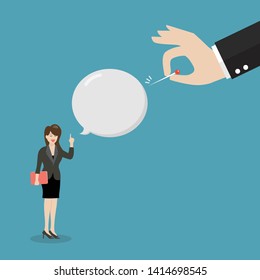 Enemy hand pushing needle to pop your speaking balloon. Business concept