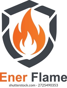 Logotipo Ener Flame mostrando uma chama laranja dinâmica aninhada dentro de um design de escudo robusto